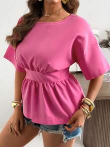 Ceyna Blusa de mujer talla grande de unicolor con cuello redondo, cintura ceñida y mangas cortas de hombros caídos - Rosa - Ver 7