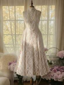 SHEIN MOD Đầm ren màu mơ dáng xòe, cổ đứng, cỡ lớn, dành cho người có vóc dáng đầy đặn. - Màu be - Xem 8