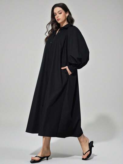 Maija Plus Size 2026 New Spring/Summer Dress, Black Long Sleeve Woven Fabric Dress, Romantic Valentine's Day, Pleated Design, Loose Fit Casual, Spring/Summer Women's Wear, Independence Day, Urban Chic, Simple Fashionable Commute Comfortable Elegant, Teacher's Day Outfit, Tea Party Casual Loose Daily Bestselling Solid Color, Office Outfit, Holiday Outfit Women Plus Dress Long Sleeve Dresses Woman Plus Size Shirt Dress