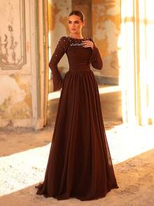 Aureia Elegant Brown Chiffon Round Neck Long Sleeve Hand-Embellished Pearls Pleats High Waist Large A-Line Skirt Luxury Evening Gown Wedding Party - Coffee Brown - View 6