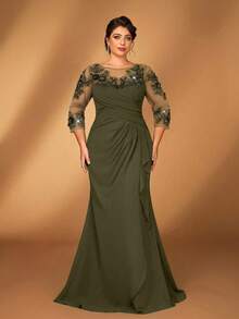 Serin Đầm dáng đuôi cá thanh lịch màu xám hồng dành cho nữ, chất liệu chiffon, cổ tròn, tay dài, xếp ly, đính sequin, thích hợp cho mẹ cô dâu/chú rể trong các đám cưới, sự kiện trang trọng, tiệc tùng. - Màu xanh Ô liu - Xem 7