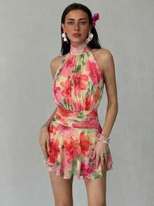Vestido mini sin mangas de estilo bohemio con cuello alto y estampado, cintura entallada, paneles de malla plisada y bajo amplio sin espalda, ideal para vacaciones - Naranja - Ver 6