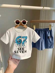 SHEIN 2pcs/Set Baby Boy/Girl Casual Cute Crayon Animal Print Loose Round Neck Knit Top T-Shirt And Shorts Set, Suitable For Spring/Summer Wear - Multicolor - View 3