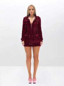 BABYPHAT Váy ngắn trùm đầu nhung có khóa kéo phía trước, tay dài ôm sát, eo rút dây, mặc đi chơi mùa thu đông - Màu Đỏ Sâu - Xem 3