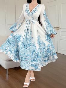 DAZY 女士优雅碎花V领泡泡袖系带中长连衣裙，春夏婚礼宾客礼服/吊带裙 - 藍色 - 查看 7