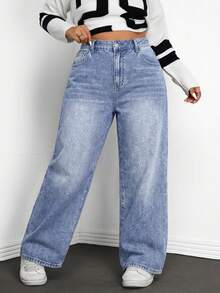 SHEIN ICON Jeans de mezclilla vintage lavados para mujer de talla grande, otoño/invierno - Azul - Ver 1