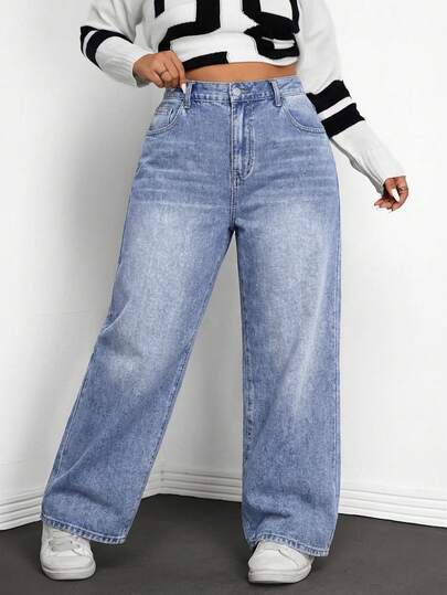 SHEIN ICON Plus Size Women Vintage Washed Denim Jeans, Autumn/Winter