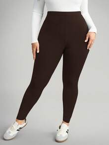 SHEIN CURVE+ Leggings femininas plus size de cor sólida, versáteis e minimalistas, adequadas para o trabalho/escritório, academia e como leggings térmicas para outono/inverno. - Castanho Café - Ver 5
