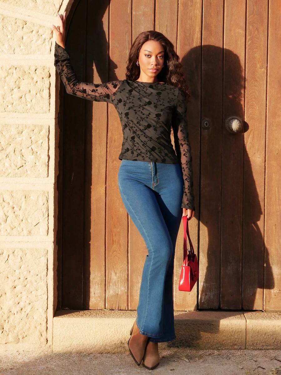 Yess Loren 1 件女式性感简约植绒透明花卉长袖 T 恤，百搭派对装，适合秋冬春季穿着 - 黑色 - 查看 1