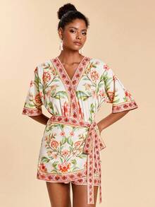 SHEIN TRVLCHIC 女士碎花短袖侧系带连体裤 - 粉色 - 查看 3