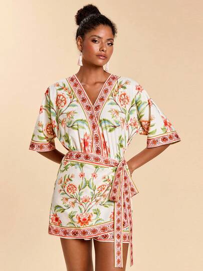 Travachic Women's Floral Print Short Sleeve Side Tie Jumpsuit Romper