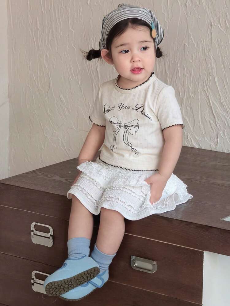 Baby Girls' Round Neck Casual Long Sleeve Bowknot Korean Style English Print Top, Spring/Autumn Toddler Girls Clothes