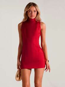 SHEIN Glamour 时尚优雅的红色编织无袖露背拼接连衣裙，适合单身派对、婚礼等场合穿着。 - 紅色 - 查看 6