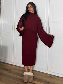 Ronhire 2pcs Women's Casual Knitted Sweater Top And Long Skirt Set, Loose Fit Turtleneck Long Sleeve Crop Top And Skirt, Autumn/Winter - Red - View 1