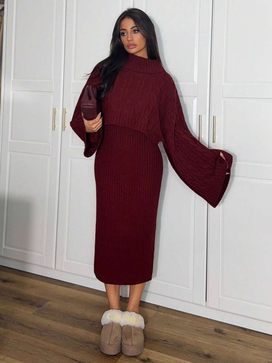 Ronhire 2pcs Women's Casual Knitted Sweater Top And Long Skirt Set, Loose Fit Turtleneck Long Sleeve Crop Top And Skirt, Autumn/Winter - Red - View 1