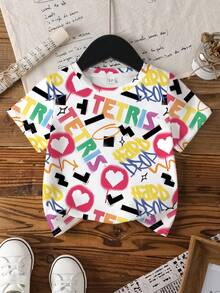 Tetris™ X SHEIN 女童字母爱心图案圆领短袖T恤 - 白色 - 查看 1