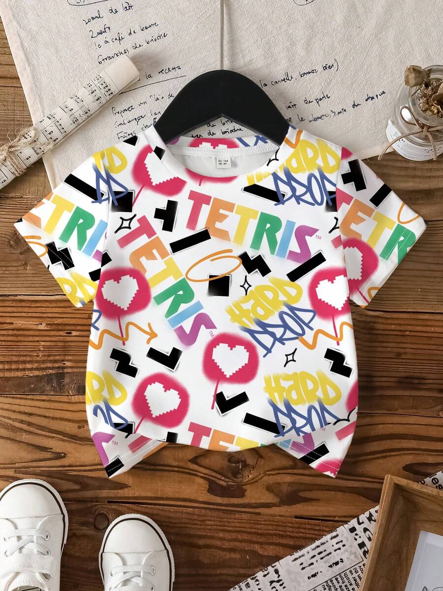 Tetris™ X SHEIN 女童字母爱心图案圆领短袖T恤 - 白色 - 查看 1