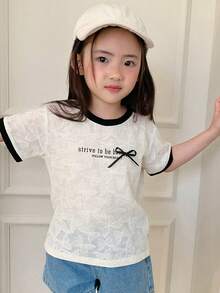 DAZY Young Girl Slogan Print Bow Decor Round Neck Short Sleeve Casual T-Shirt Summer - Beige - View 2