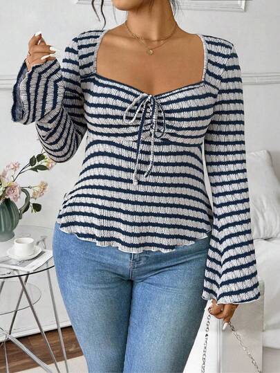 Vionelle Plus Size Women French Casual Vacation Striped Print Keyhole Twist Front Ruffle Sleeve Fitted Blouse Cute Long Sleeve Top Long Sleeve Top Women Long Sleeve Tops Tie Front Top Stripe Top Women's Striped Top