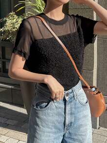 FRIFUL Camiseta de mujer de verano de unicolor, con parches de malla transparente, ajuste ceñido y versátil - Negro - Ver 5