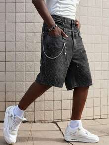 ROMWE MEN Street Life Men's Casual Double-Layer Waistband Denim Shorts - Black - View 4