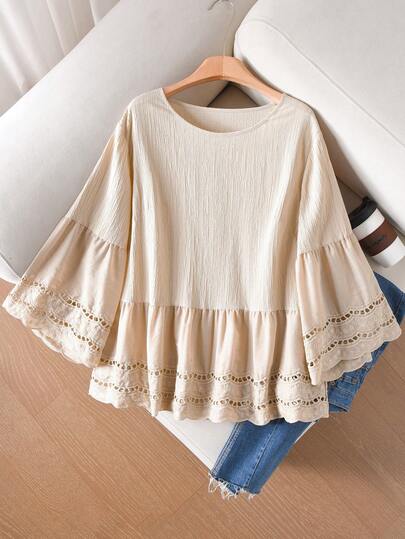 CosyJoli Plus Size Women Casual Apricot Hollow Floral Lace Patchwork Shirt, Suitable For Summer Vacation Cream Tops For Women Cute Blouses For Women Modest Tops Tops Women Summer Blouses Spring Outfit Women Spring Blouse For Women