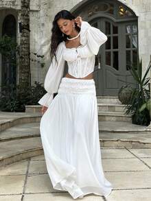 Opulessa Elegant Casual Beach Wedding Vacation White Women's Solid Color Off-Shoulder Long Sleeve Blouse, Spring/Summer Boho - White - View 7