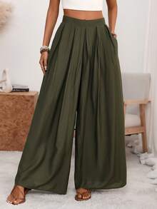 Wandoria Quần ống rộng cạp cao xếp ly có túi màu xanh quân đội dáng suông dành cho nữ, kiểu dáng thanh lịch cổ điển Pháp lãng mạn tối giản, phù hợp cho công sở, đi làm, kinh doanh, thường ngày, đi biển, mùa xuân/hè. - xanh quân đội - Xem 4