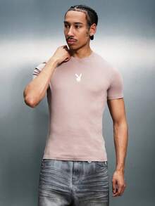 PLAYBOY X SUMWON Bunny Logo Crew Neck Short Sleeve Muscle Tee Ribbed Cotton Casual Everyday Essential Basic Top - Brown - View 2
