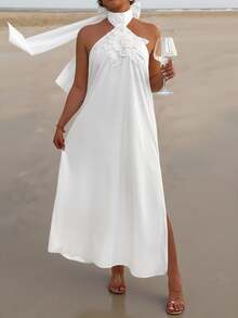 Elenzga White Halter Neck Sleeveless A Line Plus Size Dress For Women Knee Length Plain Casual Tie Back Flower Detail Wedding - White - View 8
