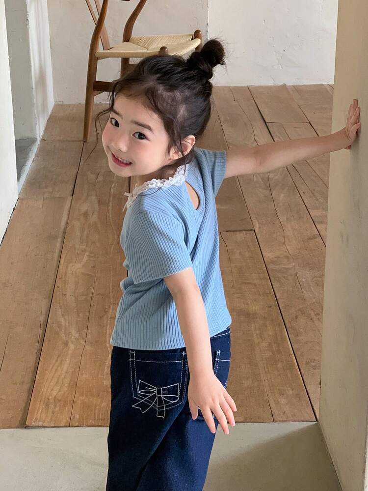 Toddler Girls' Round Neck Lace Patchwork Korean Style Bow Long Sleeve T-Shirt