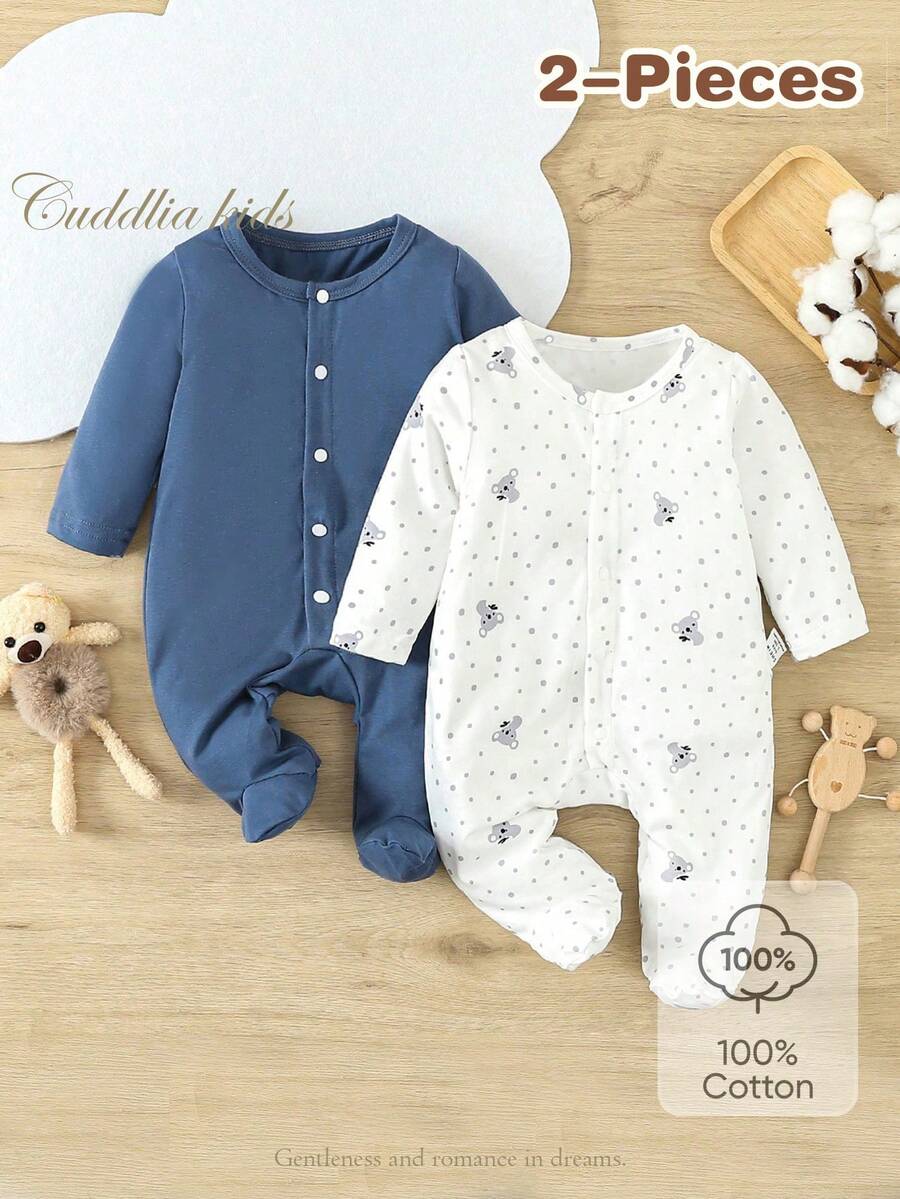 SHEIN 2pcs Baby Boys' Cute Polka Dot Cartoon Print And Solid Color Footed Romper For Home Wear - Multicolor - View 1