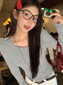 DAZY 女士圆领条纹韩版休闲长袖T恤，春秋季 - 淺灰色 - 查看 6