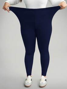 SHEIN CURVE+ Plus Size Women's Casual Solid Color Leggings, Versatile & Minimalist, Suitable For Work/Office, Gym, Autumn/Winter Thermal Tights - Navy Blue - View 4