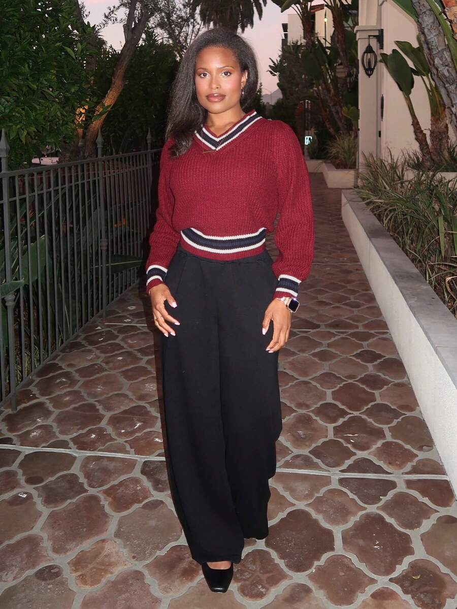 Tyla Gomez Color Block V-Neck Casual Women Sweater,Long Sleeve Tops Fall - Burgundy - View 1