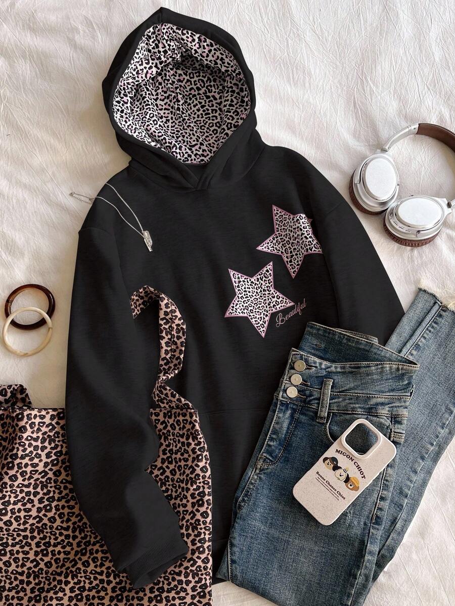 Áo nỉ chui đầu kiểu dáng thường ngày dành cho nữ tuổi teen, họa tiết da báo và ngôi sao, phù hợp cho cả đi dạo phố và đi học hàng ngày, mùa xuân/thu/đông. - Nhiều màu - Xem 1