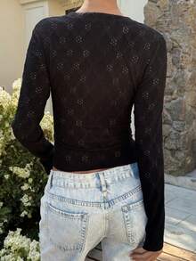 DAZY 女士休闲镂空提花T恤，适合春、夏、秋季、商务、街头风格、新年、圣诞节和Y2K风格。 - 黑色 - 查看 3