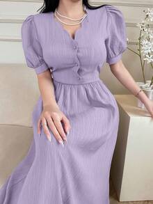 Feyla 女士优雅荷叶边泡泡袖长连衣裙 - 淡紫色 - 查看 6