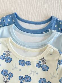 3pcs Baby Girls Fashionable Minimalist Heart Flower Rabbit Print Stretchy Knit Crew Neck Long Sleeve Top And Pants Casual Comfortable Homewear Set Baby Set Autumn Winter Season Pajama Baby Set Baby Casual Sets Snug Fit - Blue - View 4