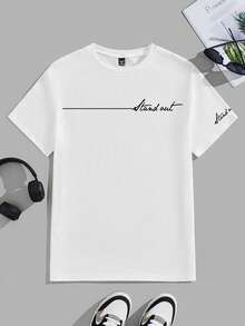 Manfinity EMRG Áo thun nam cổ tròn in chữ, dáng rộng, thoải mái - trắng - Xem 2