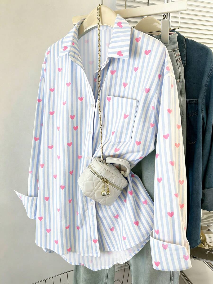 Airaco Women's Casual Striped Heart Print Shirt - Baby Blue - View 1