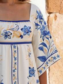 CAJUNI Women's Vacation Floral Wave Print Square Neck Flare Sleeve Fashion Dress - Multicolor - View 4