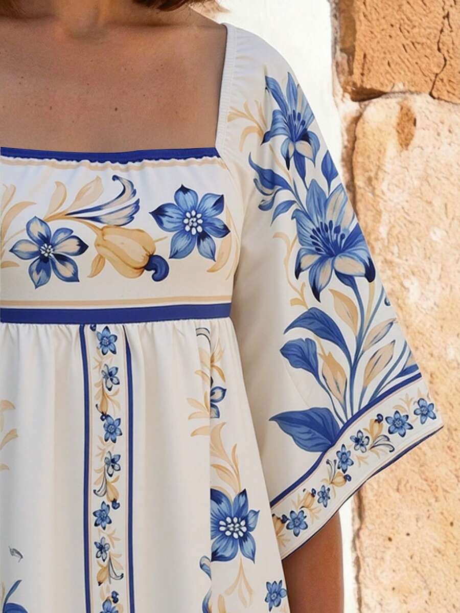 CAJUNI Women's Vacation Floral Wave Print Square Neck Flare Sleeve Fashion Dress - Multicolor - View 1