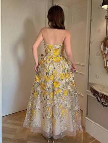 Selianne 最新春夏浪漫优雅紫色花卉刺绣网纱收腰女式连衣裙 - 黃色 - 查看 2