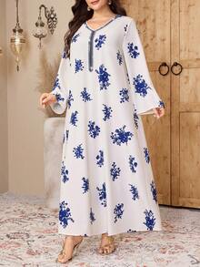 Al Najma 大码女式印花喇叭袖优雅阿拉伯风格连衣裙 - 彩色 - 查看 8