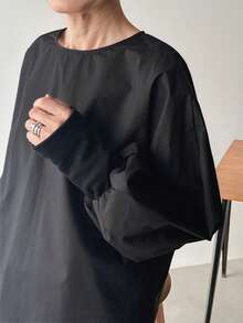 FRIFUL Women's Loose Casual Solid Color Round Neck Cuff Hem Blouse, Versatile For Spring And Summer - Black - View 8