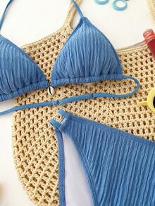 Conjunto de bikini de triángulo con camisola sin espalda, textura de concha de punto azul sólido para adolescentes, ropa de playa de verano - Azul - Ver 7