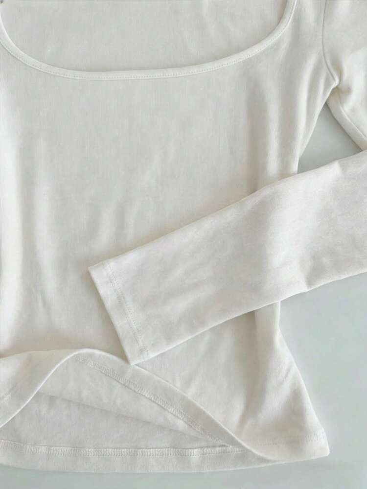 Glimmora Camiseta de manga larga de cuello cuadrado blanca minimalista y ajustada, adecuada para primavera, verano, otoño e invierno. Camiseta de moda, regalo de estilo minimalista para hermanos, hermanas, mamá, Día de la Madre y uso casual. - Blanco - Añade 4