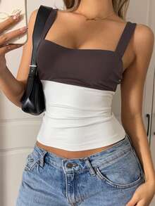 SHEIN EZwear Áo ống ôm sát người màu nâu trắng phối tương phản dành cho nữ, có áo ngực, áo ống màu xám, áo ống nữ, áo ống dễ thương, áo tank top ôm sát, áo cổ vuông, áo màu nâu trắng, áo ống dài dễ thương, áo gợi cảm cho nữ, áo ống có dây, áo không tay cho nữ, áo ôm sát cơ thể cho nữ, áo mùa hè, áo ôm sát. - màu nâu - Xem 5