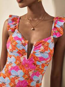 Écloséra New Floral Print V-Neck Ruffle Strap One-Piece Swimsuit, Fashionable & Sexy For Vacation - Multicolor - View 4